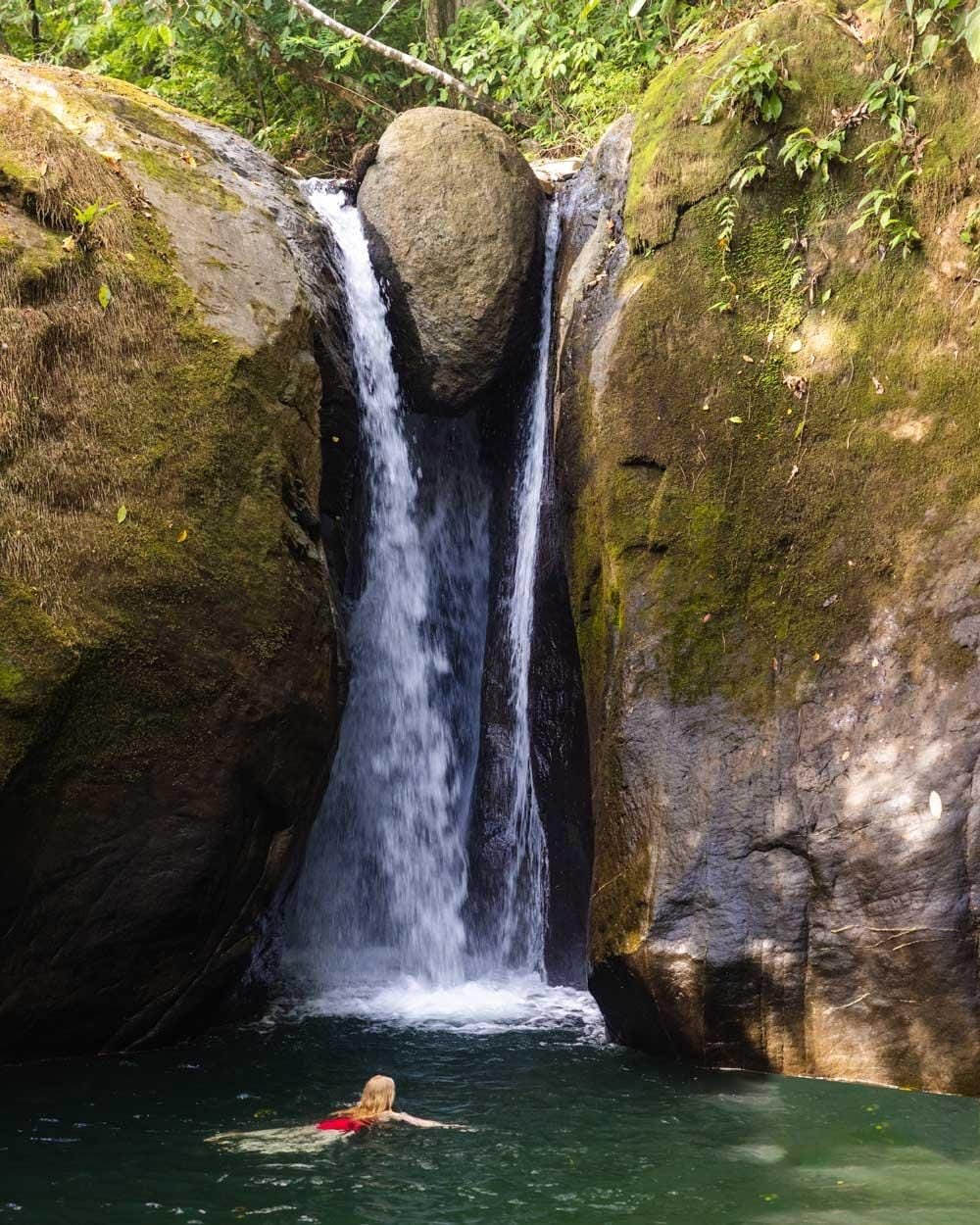 Waterfall cascading down moss-covered rocks into a clear pool, surrounded by lush greenery, showcasing the beauty of nature.